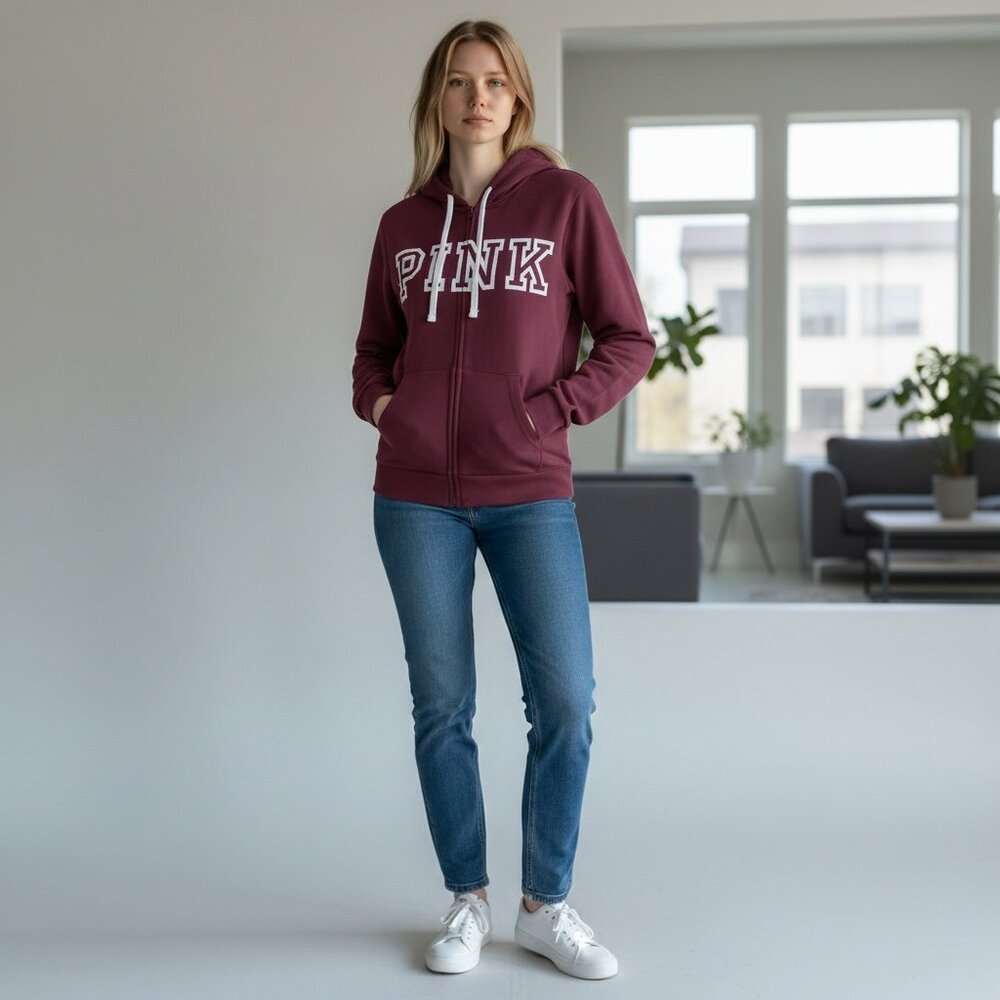 PINK by‎ Victoria's Secret Full Zip Everyday Lounge Hoodie L Burgundy Plum #178J - Picture 3 of 11